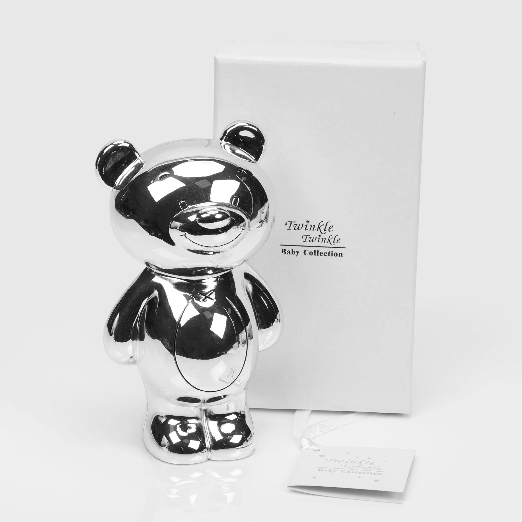 Silver teddy bear money box bank with gift box.