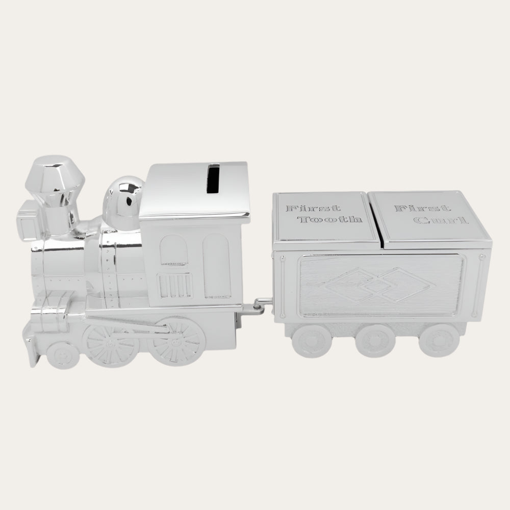 Silver Plated Train Money Box & First Tooth/Curl Carriage Money Box.