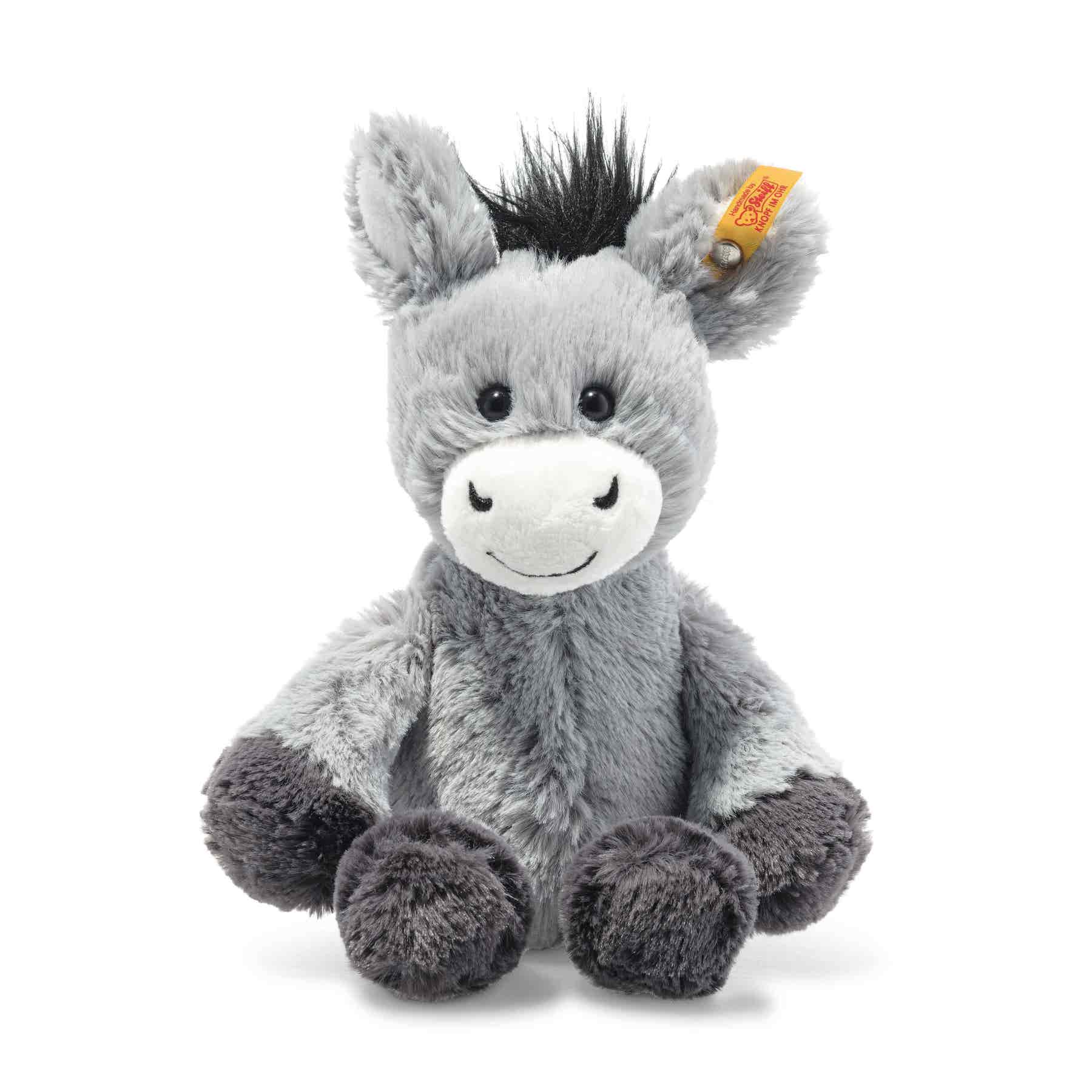 This dinky donkey is a real softy. It’s made from cuddly soft grey/blue plush fabric, with the most delightful face and cute black mop on its head