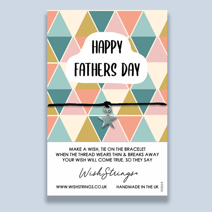 Happy fathers day bracelet.  Black cord bracelet with a silver star mounted on card reading 'Happy Fathers Day'  Cord can be cut to size to fit.