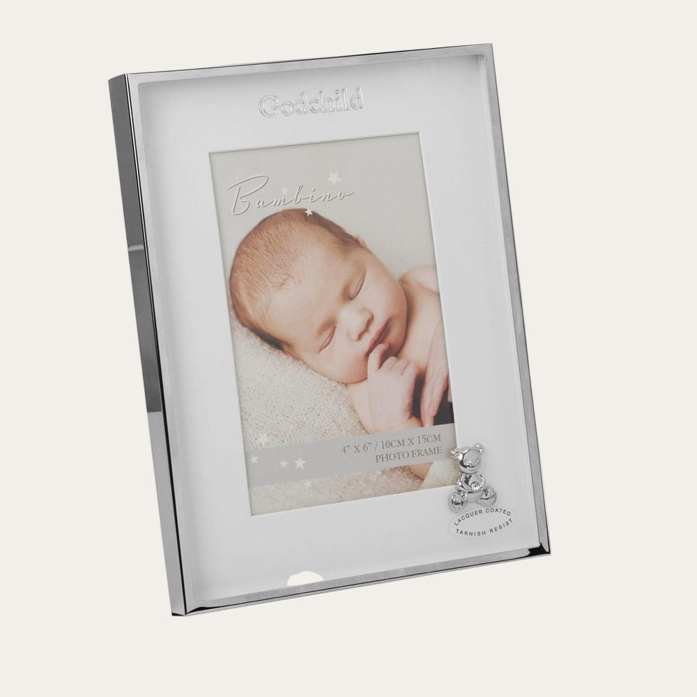 Godchild' Bambino Silver Effect Frame with Teddy 4" x 6" Photo Frame.