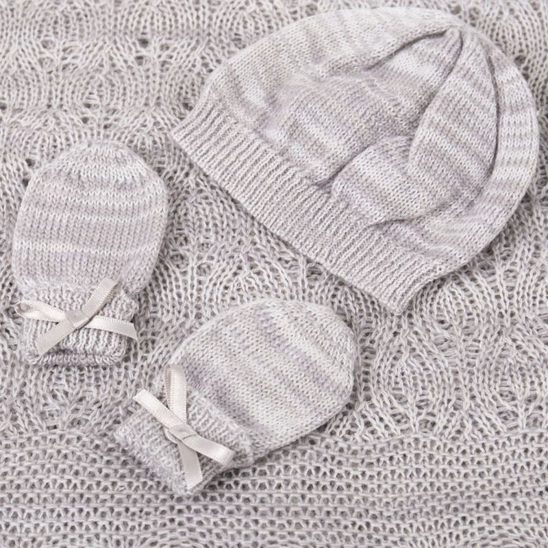 Grey knitted gift set.  Blanket, hat and mittens