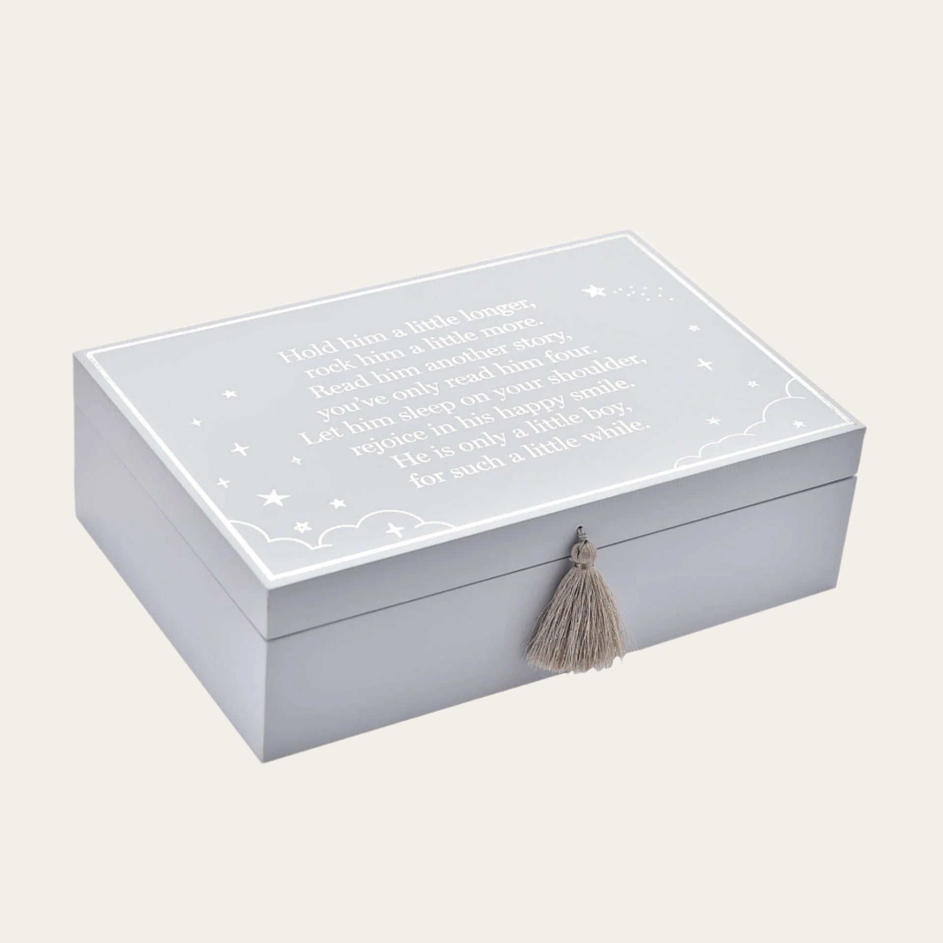 Blue wooden baby keepsake box with a poem on the lid.