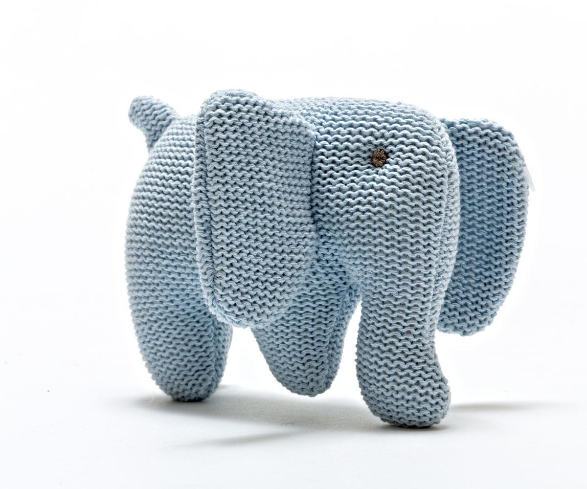 Knitted Organic Cotton Blue Elephant Baby Rattle - Bumbles &amp; Boo