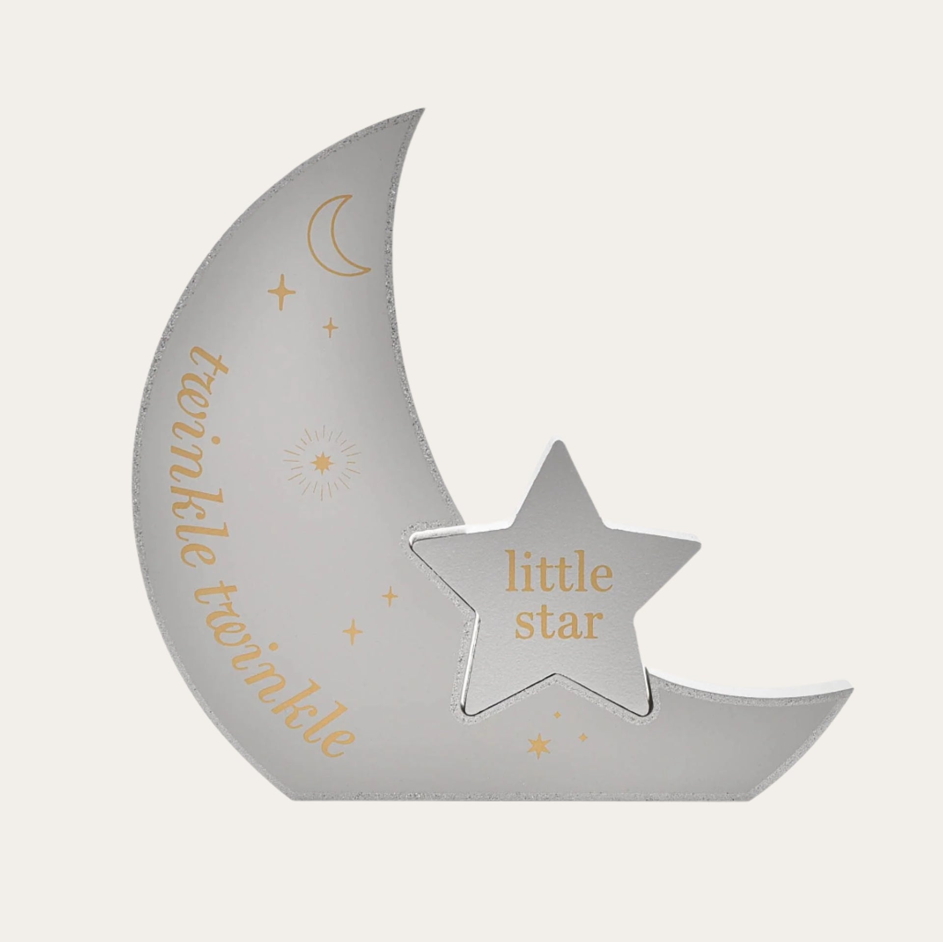 Decorative nursery plaque with moon and star shapes and 'twinkle twinkle little star' text on a white background