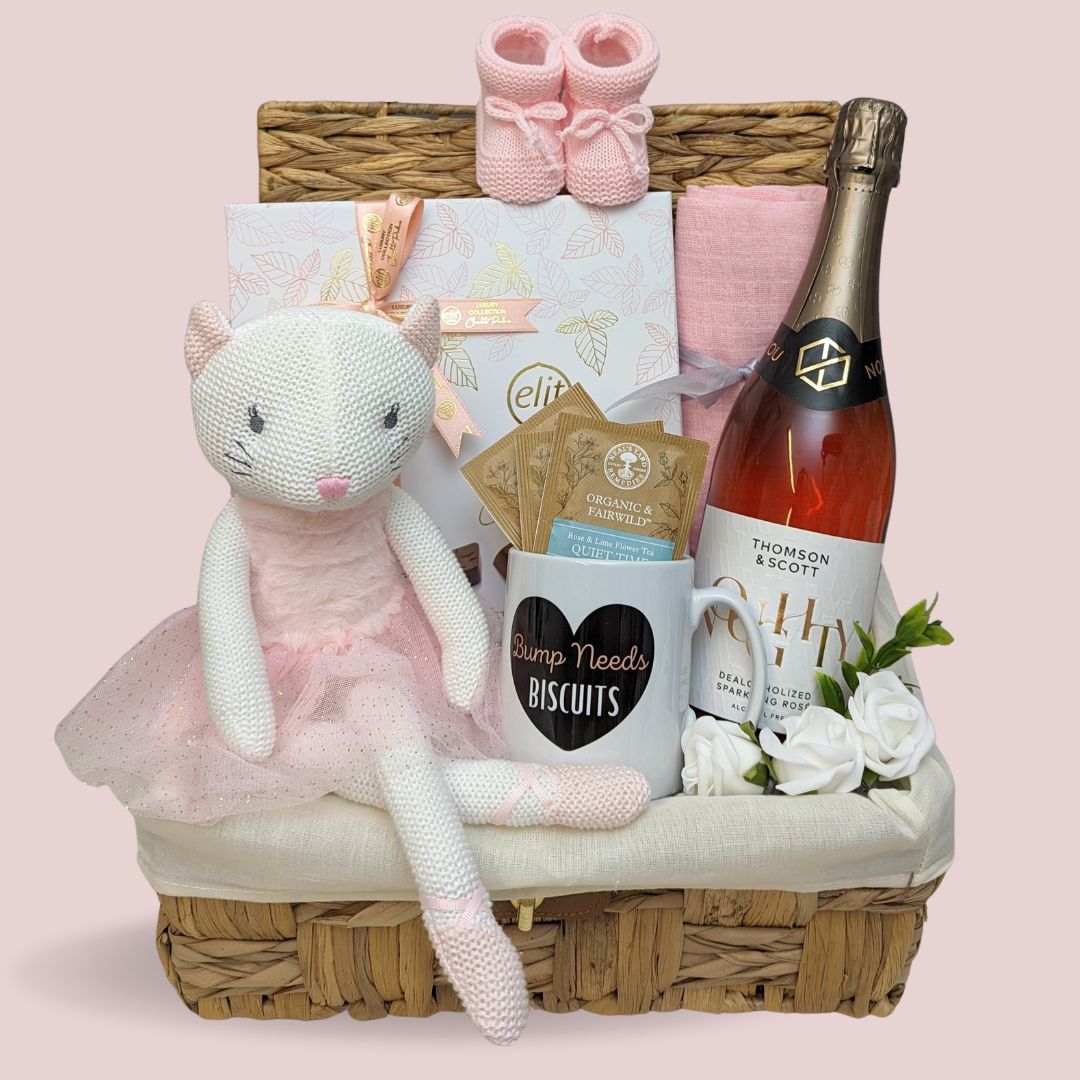 Mum to be hamper basket with bump needs biscuits mug - pink gifts.