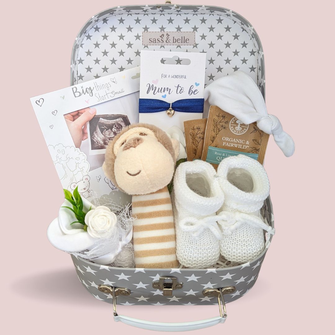 Mum to be hamper gifts with big things start small photo frame & monkey rattle.