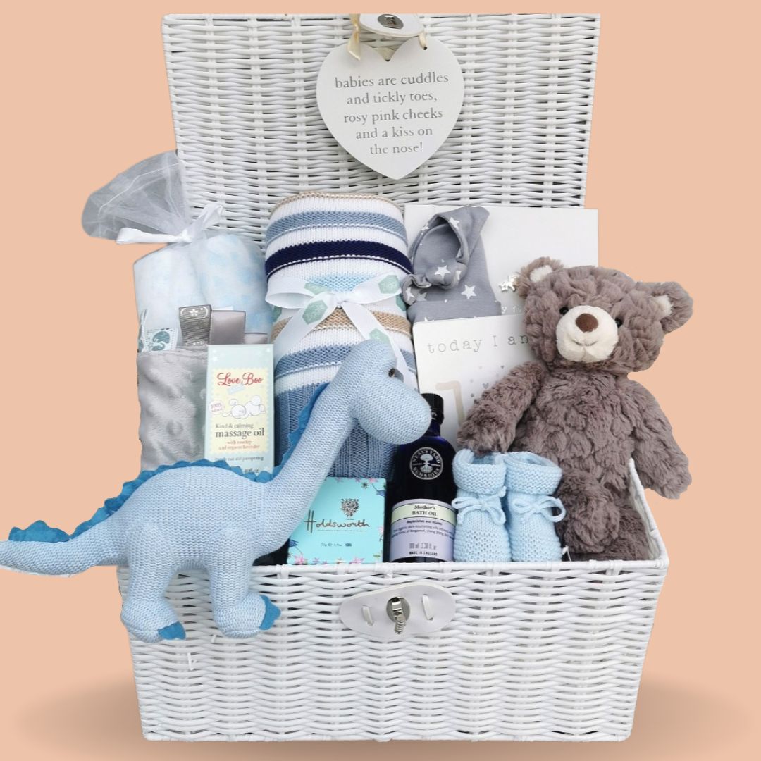 Large new baby boy gifts hamper with blue dinosaur, stripy blanket and teddy bear.