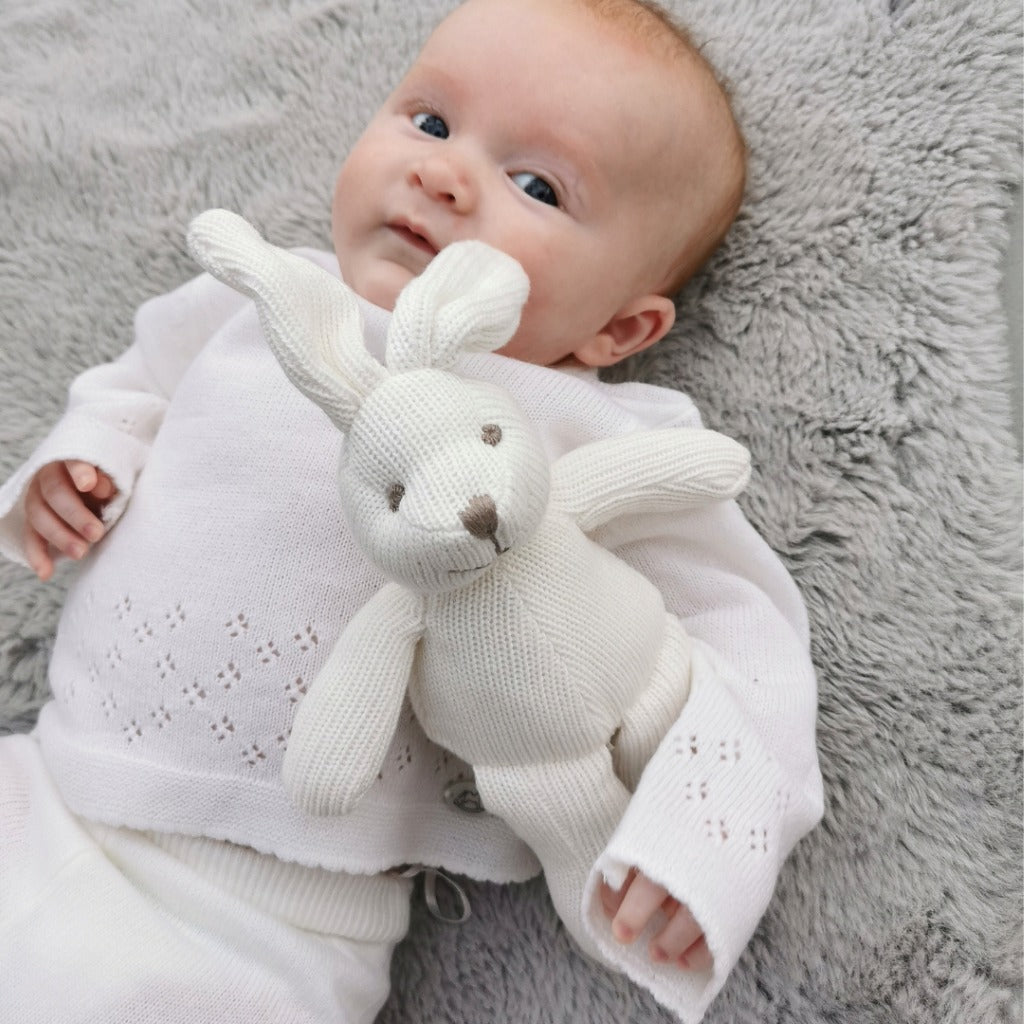 Knitted Organic Cotton White Bunny Rabbit Baby Rattle Rattle.