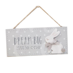 Keepsake Nursery Plaque for a new baby. Dream Big Little One with bunny.