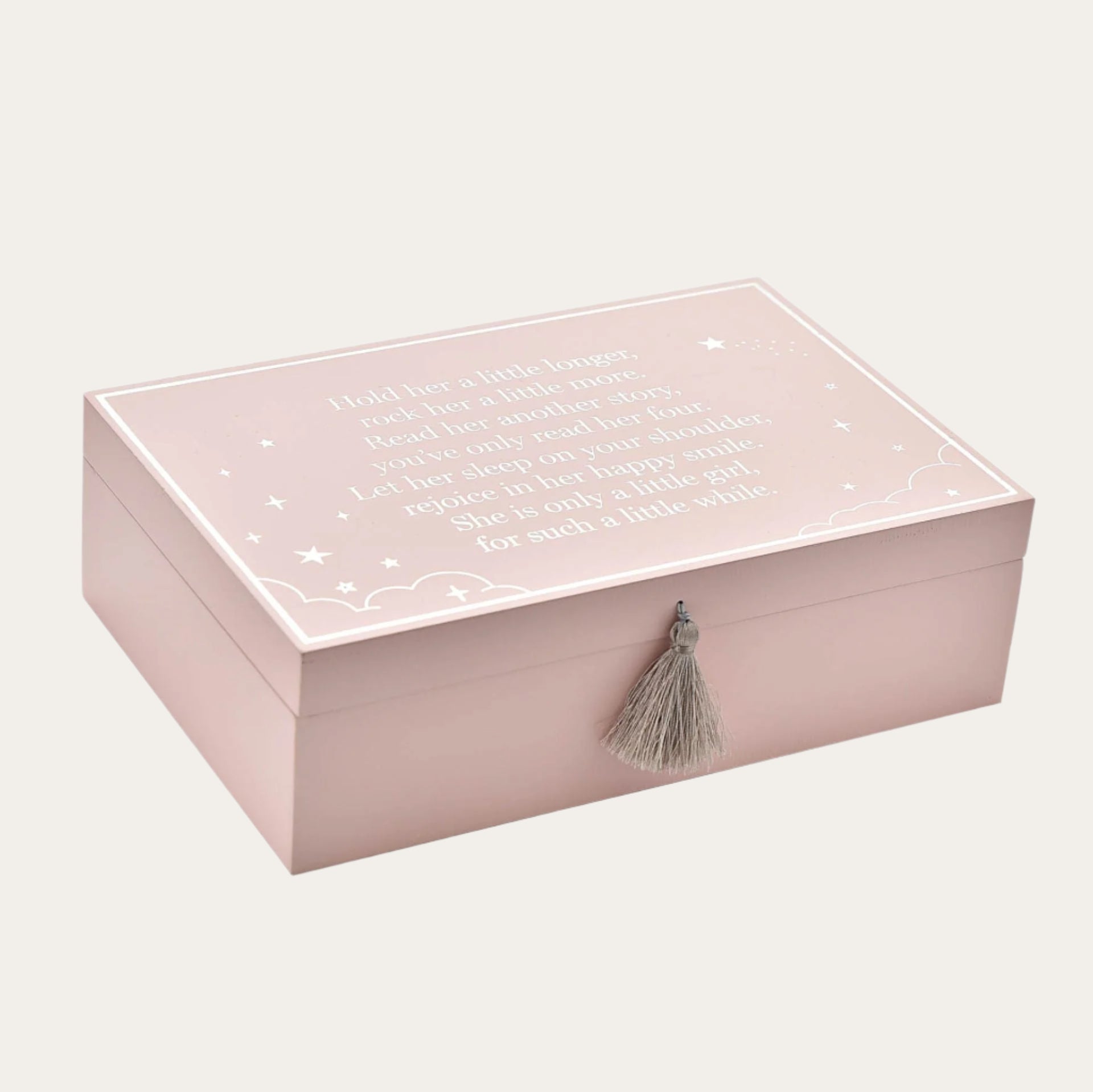 Pink wooden keepsake box for a baby girl with a poem on the top.