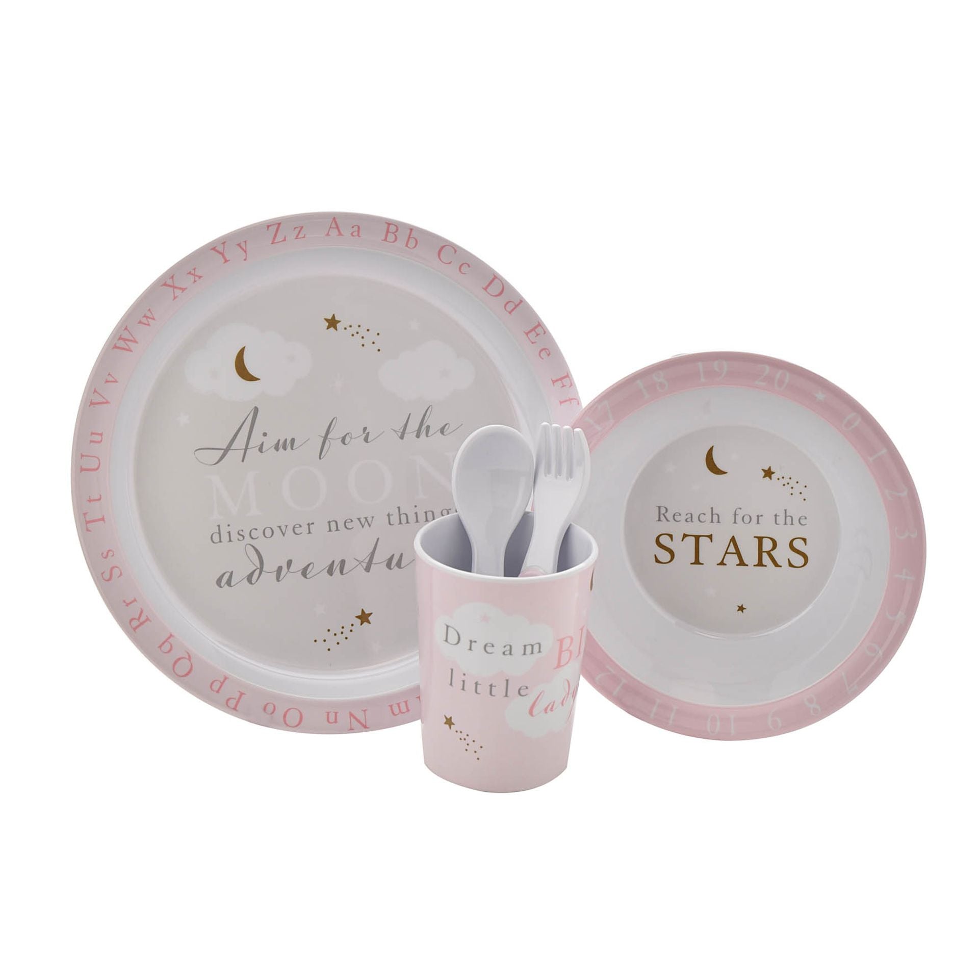 Five piece melamine plate stet with aim for the moon and reach for the stars in pink.  Plate, bowl, beaker, spoon and forlk