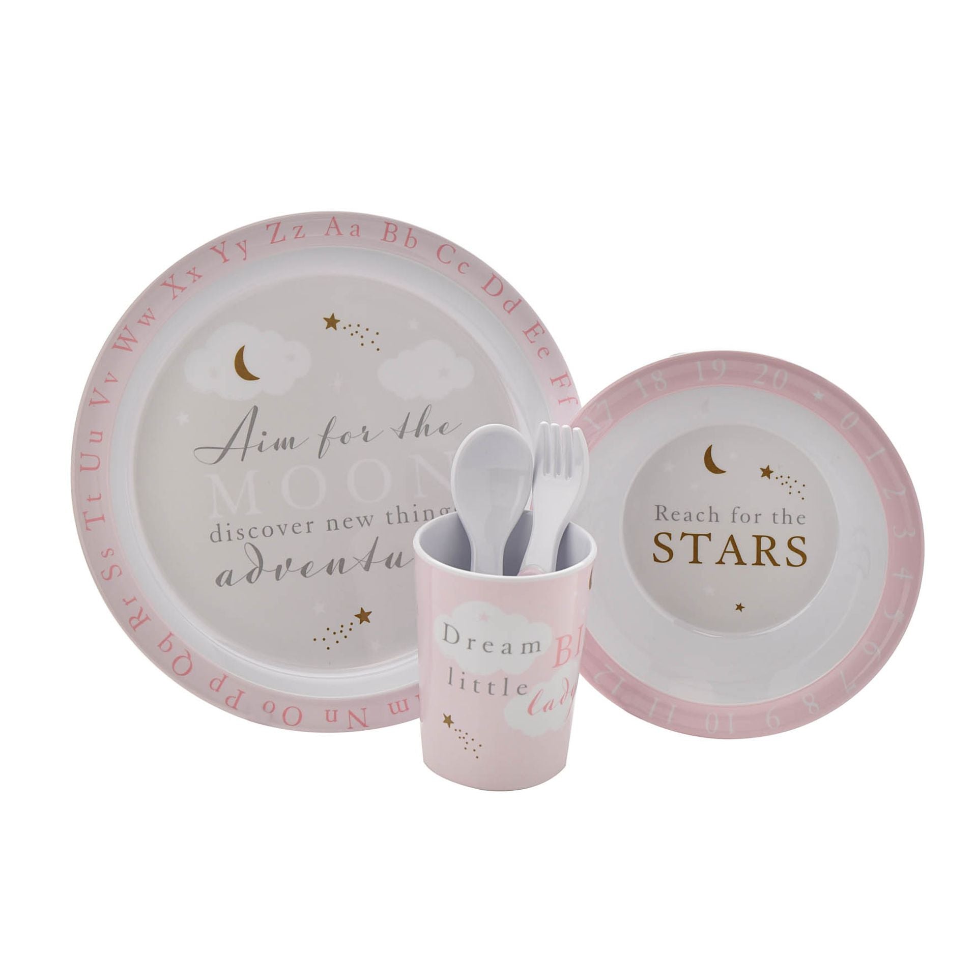 Melamine Dining Set Pink 5 Piece 'Reach For The Stars' Baby Dining Set.