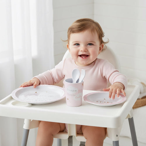 Melamine Dining Set Pink 5 Piece 'Reach For The Stars' Baby Dining Set.