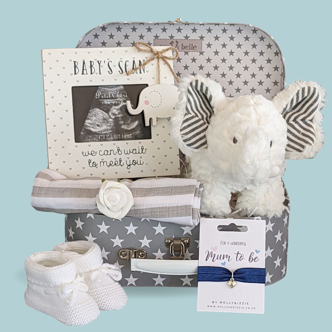 Mum-to-be hamper gift with baby scan photo frame, muslin wrap, baby booties, elephant soft toy and bracelet for Mum.