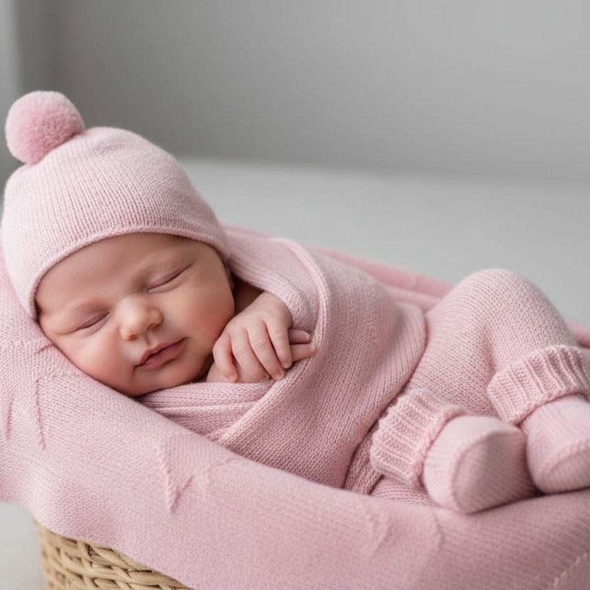 Pink baby girl gift set including a cashmere blanket, booties and a Pom Pom hat by Rosie Sugden