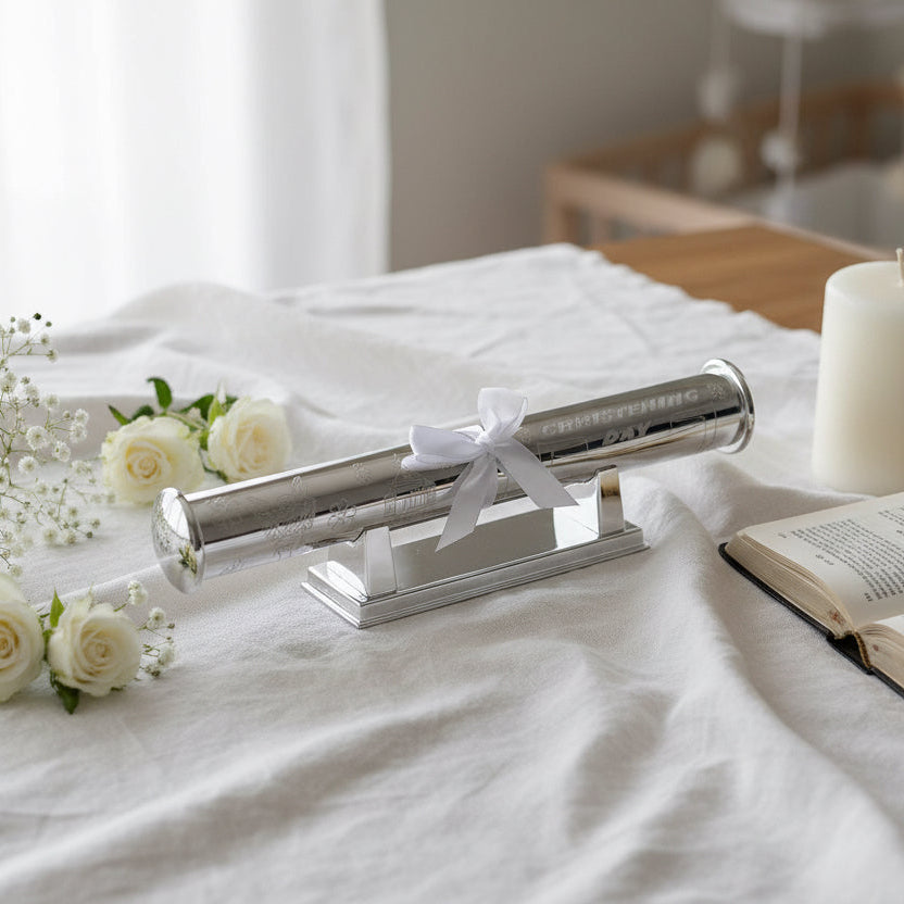 Silverplated "Christening Day" Tube with stand Silver Gifts.