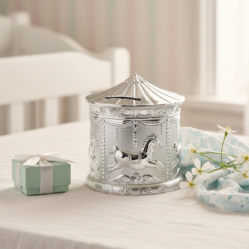 Silver plated carousel baby Money Box with raised horses and decorative detailing