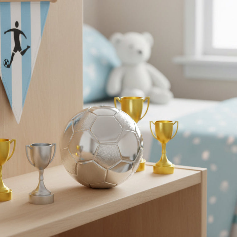 Silver plated football Money Box with textured and smooth panels
