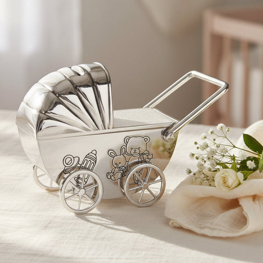 Silver plated pram baby Money Box with moving wheels and illustrated details