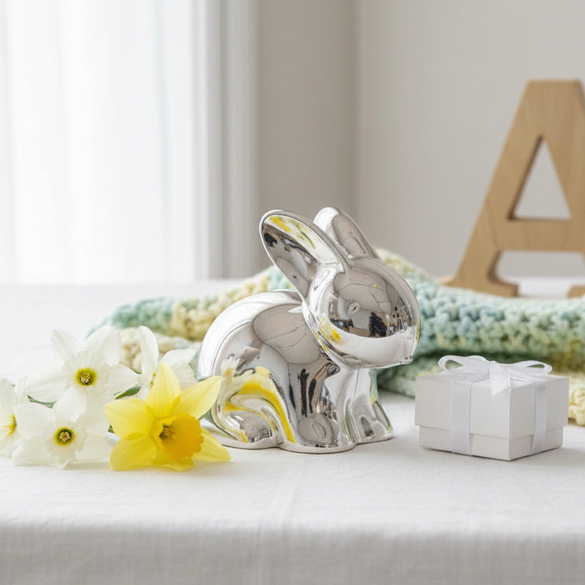 Silver plated rabbit baby Money Box with upright ears