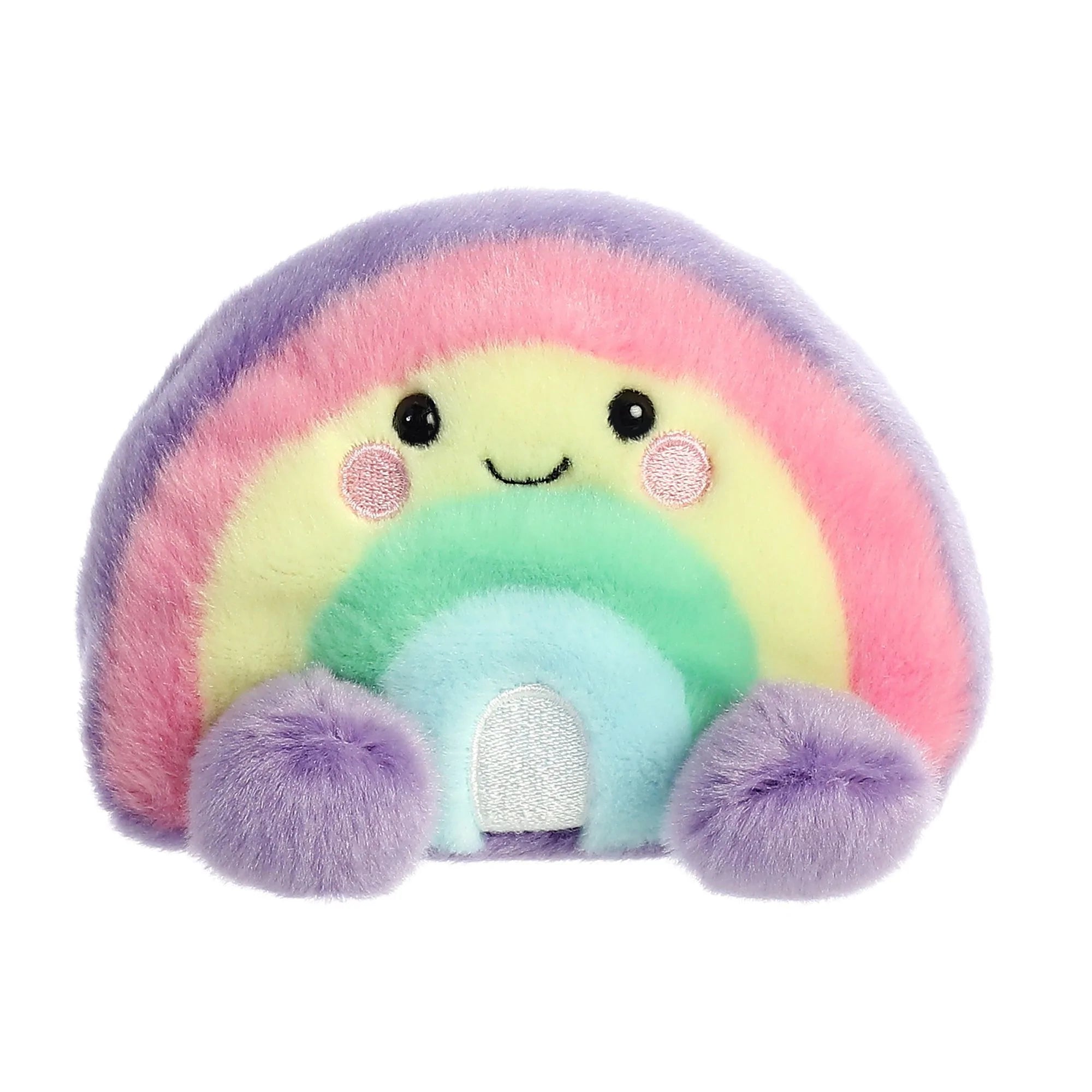 A bright, soft, friendly soft toy rainbow soft toy measuring 5 inches in size.