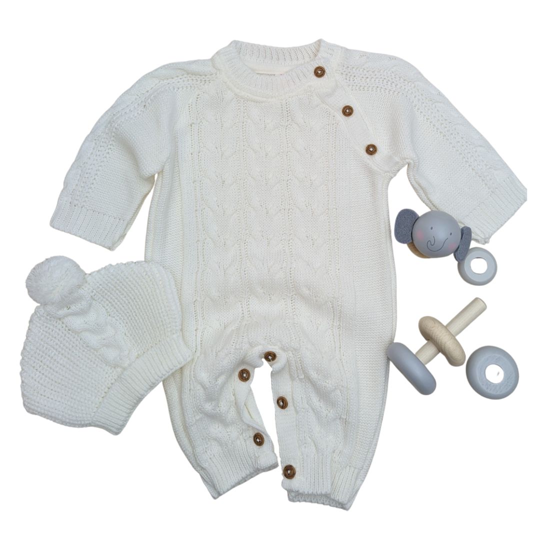 Unisex Baby Clothing Ivory Cable Knit Romper Suit with Pompom Hat