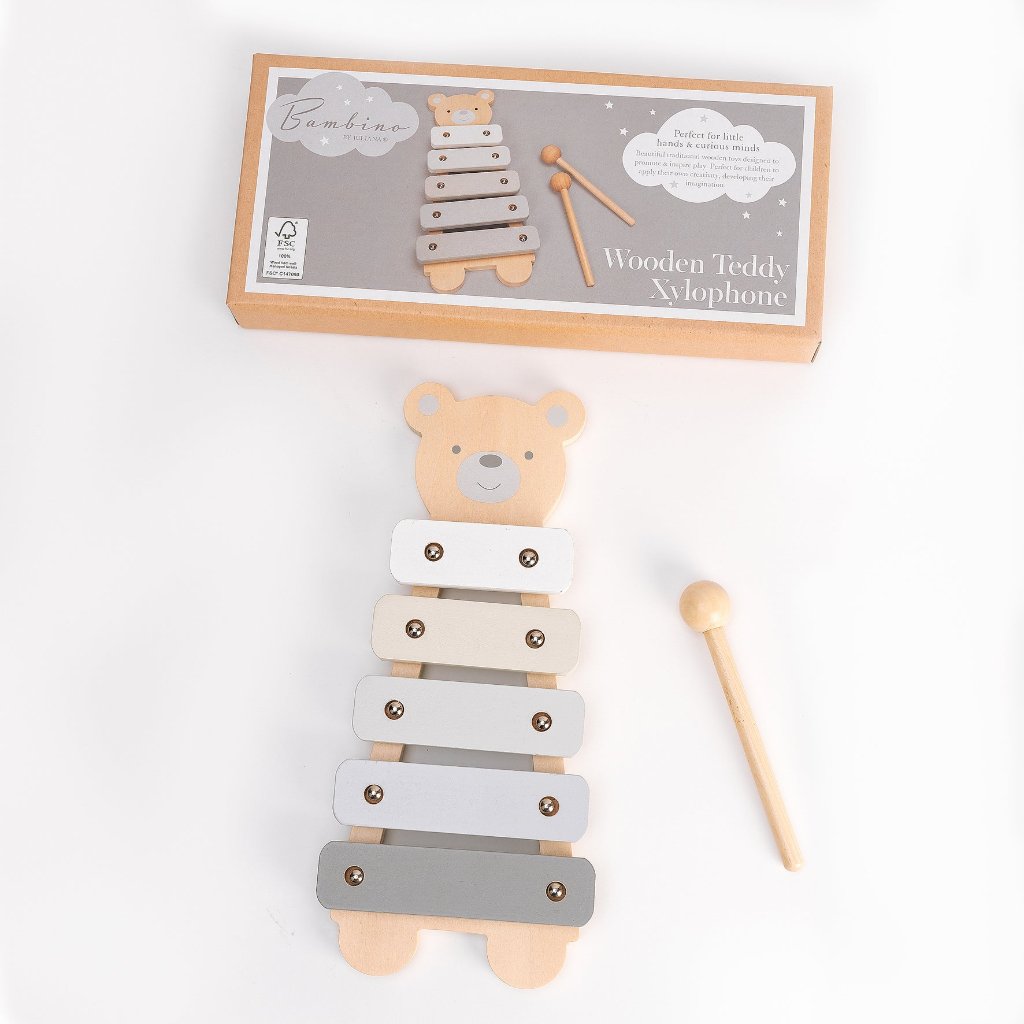 A wooden toy xylophone with a teddy bear design, including five metal keys in different shades of gray and two wooden mallets