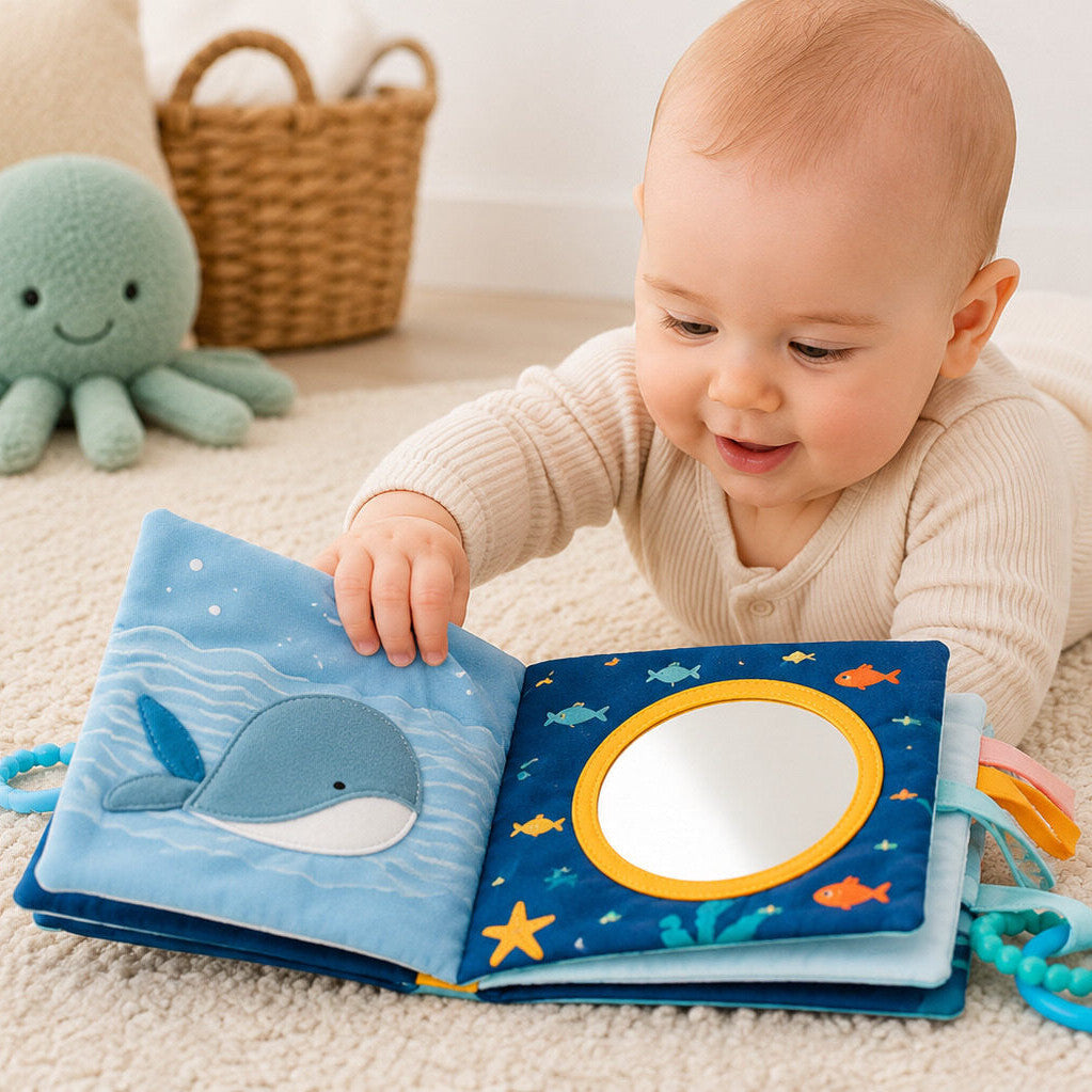 Soft baby book with ocean theme sensory activitiy pages