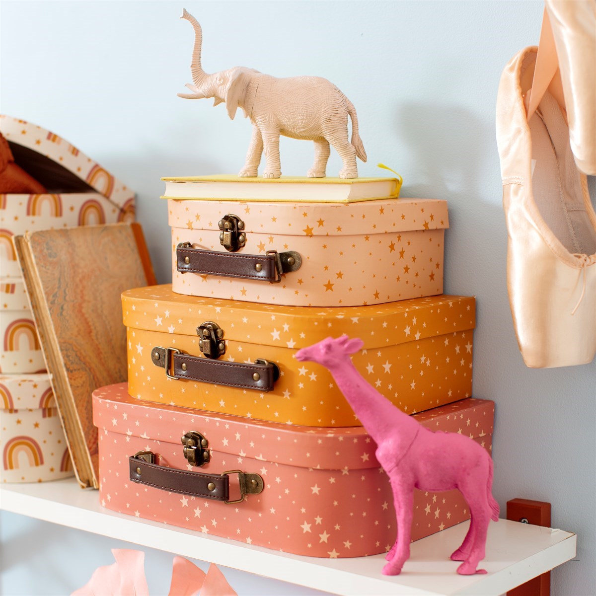 Nursery keepsake storage suitcases set 'Little Star' - Set of 3 keepsake boxes in bright orange
