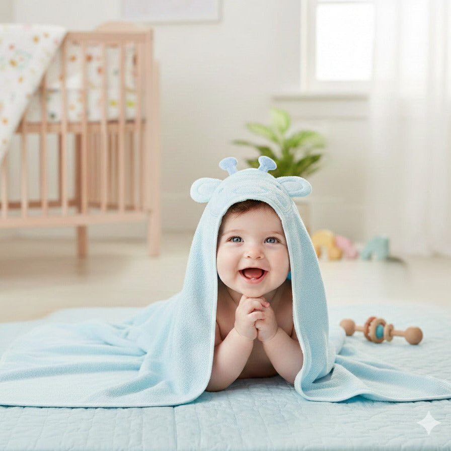Blue baby towel with hood made from soft cotton, worn by a baby