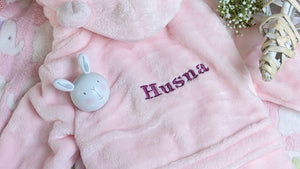 Personalised baby girl dressing gown in pink.