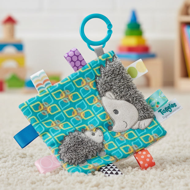 Newborn taggie pram toy by Mary Meyer with Heather Hedgehog on a blue Crinkle Me Taggie with colourful ribbon tags and attachable clip