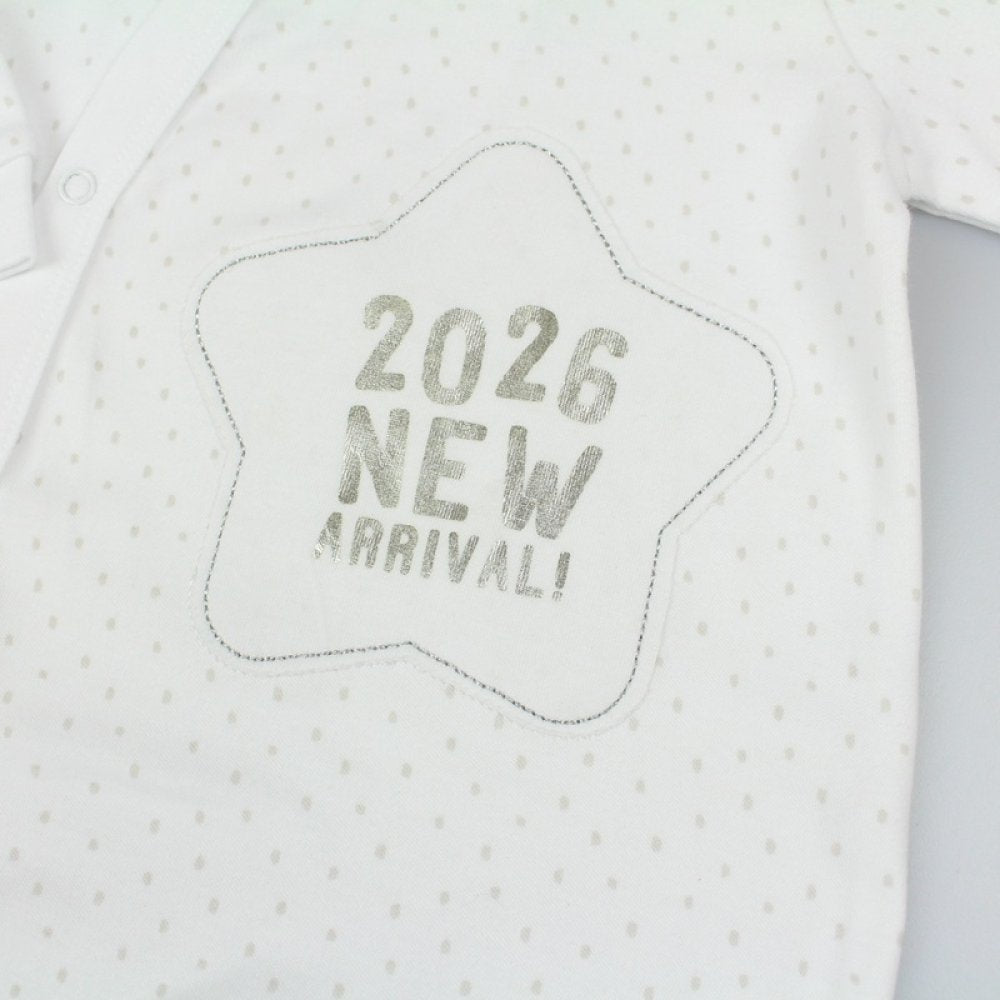 White cotton baby sleepsuit with 2026 New Arrival text
