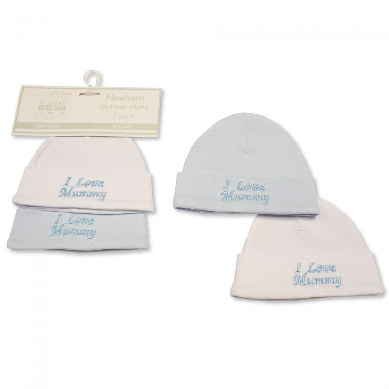 2 pack of blue and white baby hats with blue embroidered wording 'I Love Mummy'