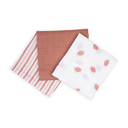 3 red and white strawberry-themed muslin squares.