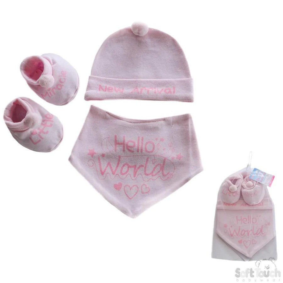 3 piece pink baby outfit with wording. Contains a 'New Arrival' pom-pom hat, 'Hello World' bib and 'Little Miracle' pom-pom booties