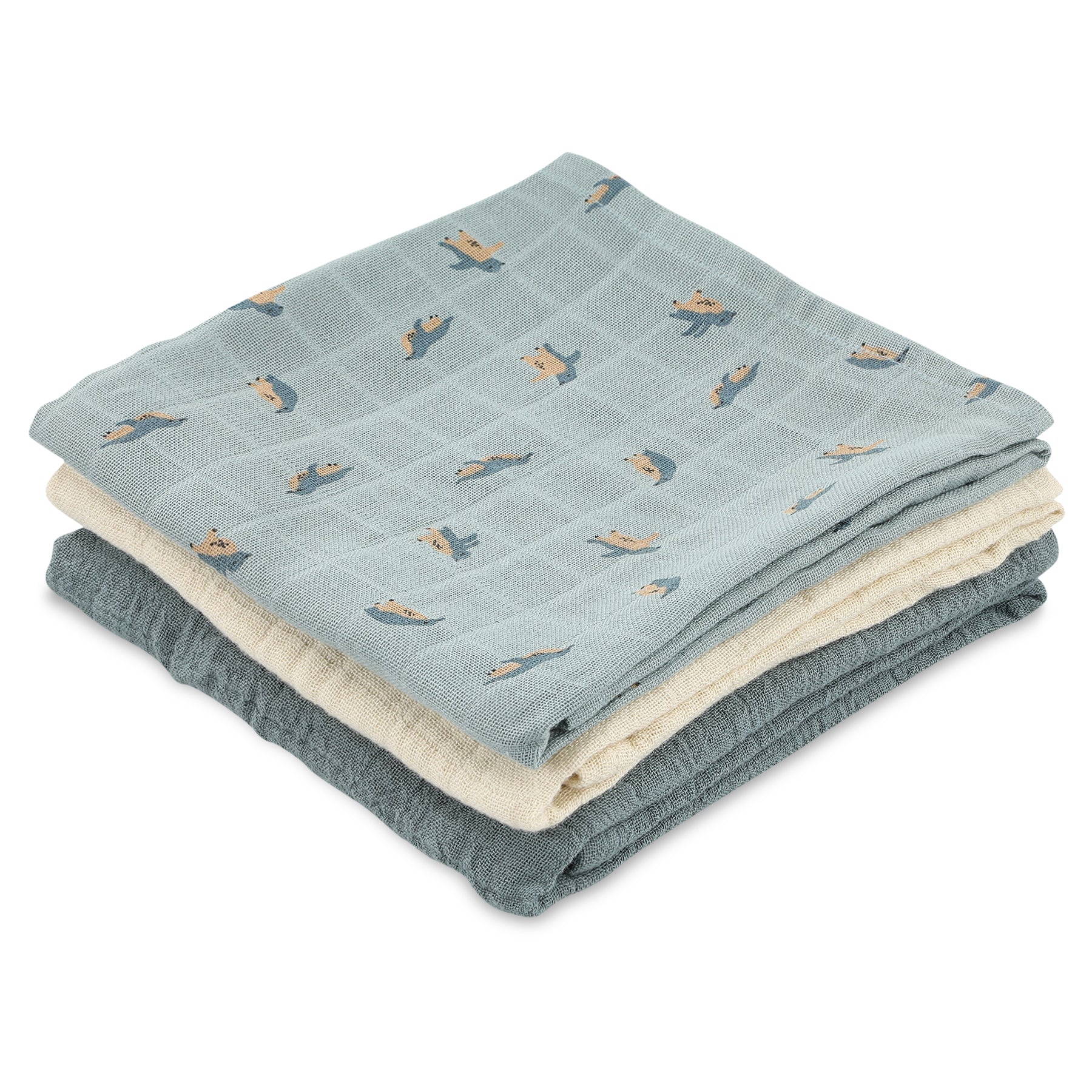 3 pack of blue and cream penguin-themed muslin cloths