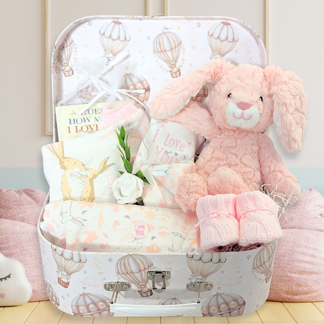 baby girl gifts keepsake hamper with 'guess how much I love you' bunny theme