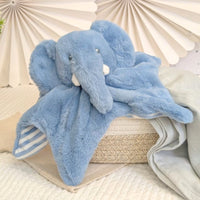 Blue plush recycled elephant baby comforter toy with white and blue striped detail. 