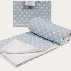 Blue baby blanket with white polka dots.