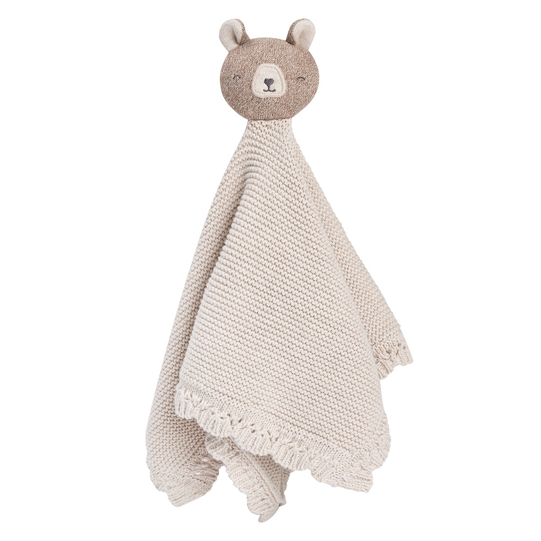 Cream knitted comforter soother cuddle cloth with a brown bears head