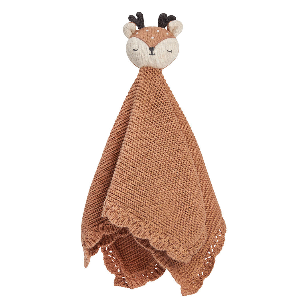 A lovely soft knitted comforter soother in light brown with a deers head
