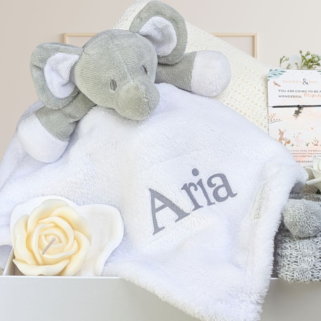 personalisable elephant comforter blankie in white.