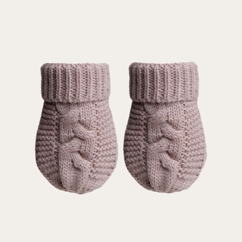 Recycled Cable Knit Mittens - Dusky Pink Baby Hat and Mitten Set
