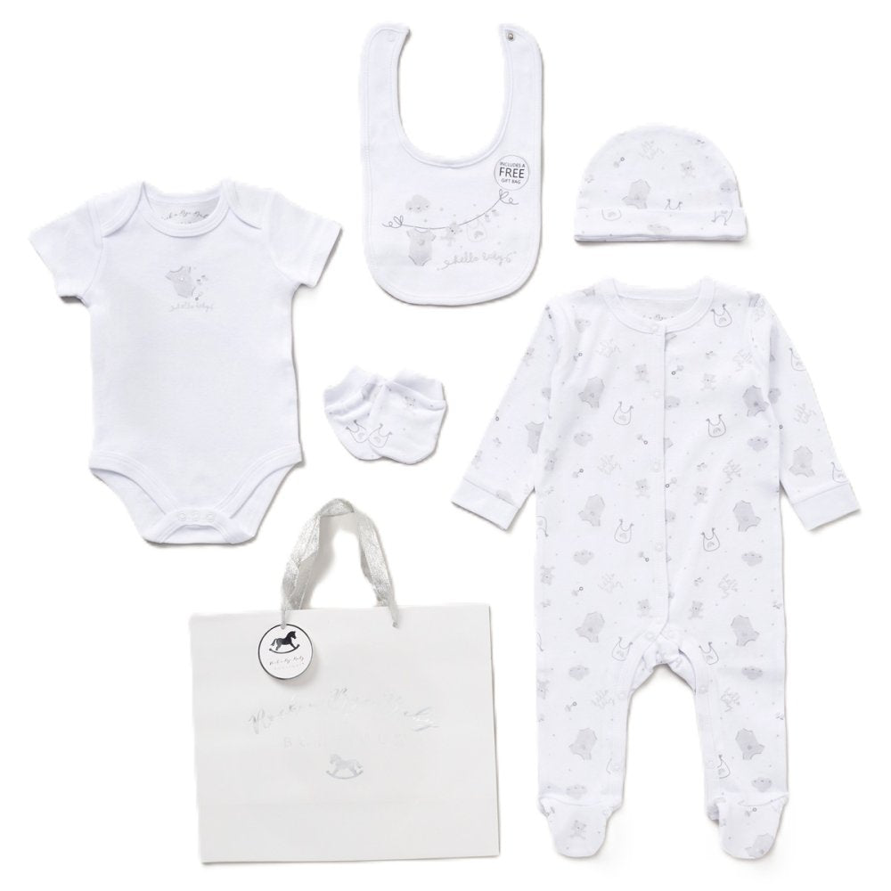 Complete unisex baby clothes outfit including sleepsuit, hat and mittens in neutral colours