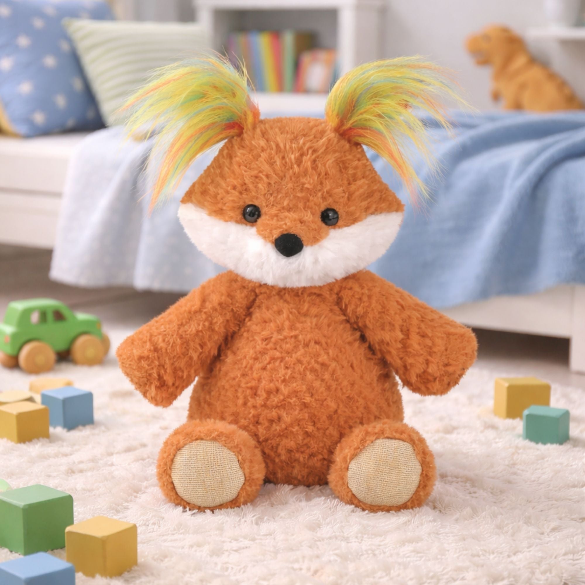 Plush fox soft toy with rainbow hair made for little hands