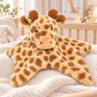 A plush giraffe comforter toy made from recycled materials