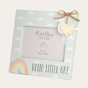 Hello Little One' Bird and Rainbow Photo Frame Photo Frame pastel green. 