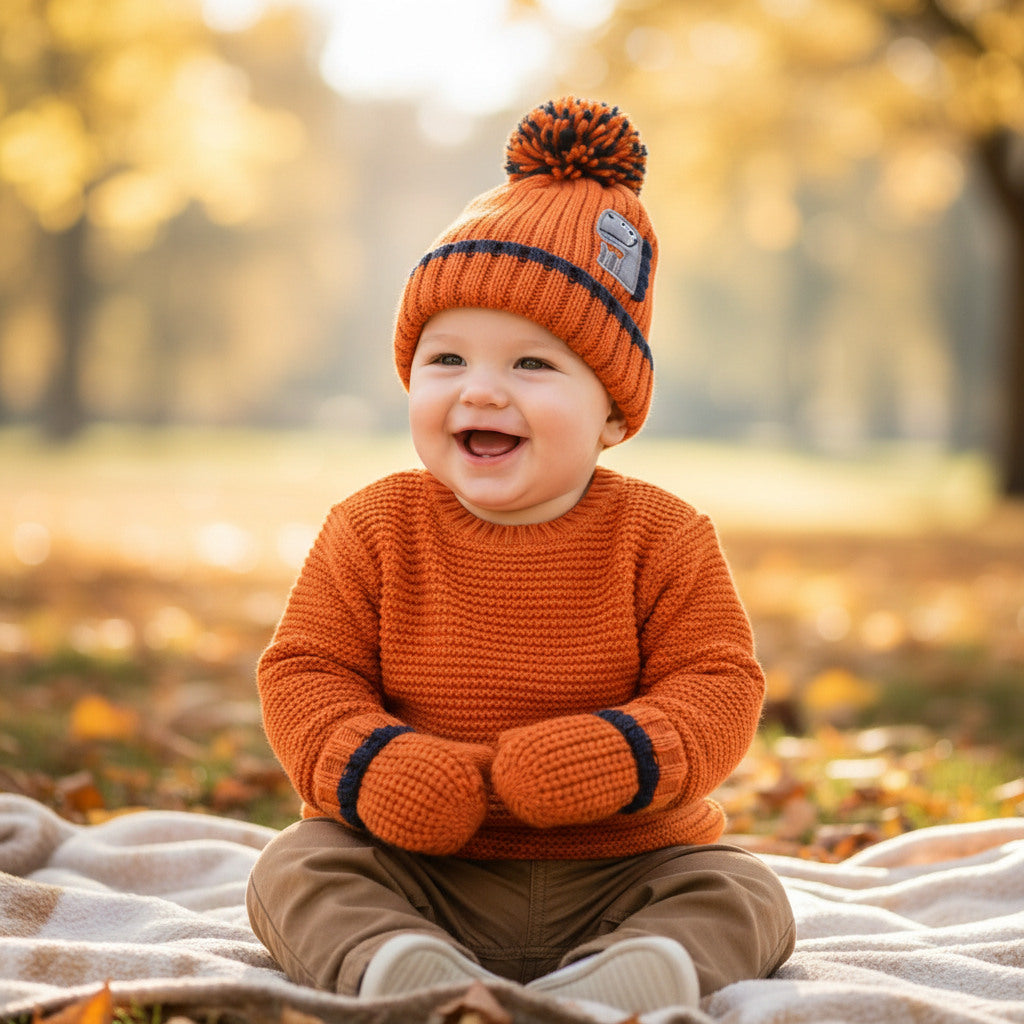 Orange Dinosaur Bobble Hat and Mittens Baby Hat and Mittens.